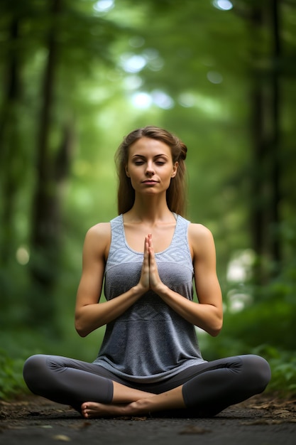 Woman sitting in lotus position yoga in nature meditation fantasy relaxation