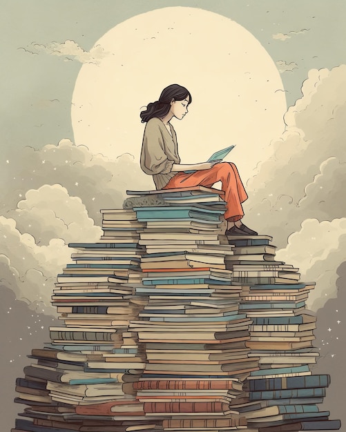 Woman sitting and meditating on pile of books copy space created with Generative AI technology