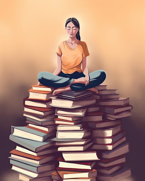 Woman sitting and meditating on pile of books copy space created with Generative AI technology