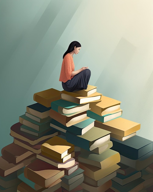 Woman sitting and meditating on pile of books copy space created with Generative AI technology