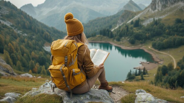 Woman Sitting on Mountain Reading Book