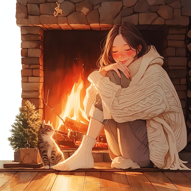 woman sitting near the fireplace near her kitten watercolor cozy