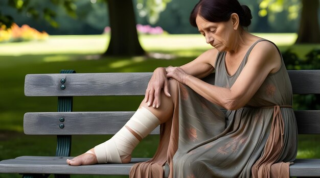 Photo woman sitting in the park looking at injured ankle