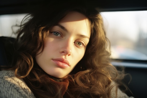 a woman sitting in the passenger seat of a car