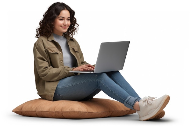 A woman sitting on a pillow using a laptop Perfect for illustrating remote work or studying from home