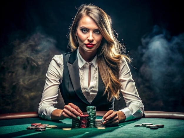 Photo a woman sitting at a poker table with poker chips