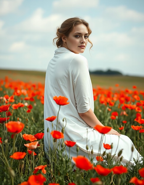 Photo woman sitting in a poppy field