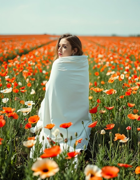 Photo woman sitting in a poppy field