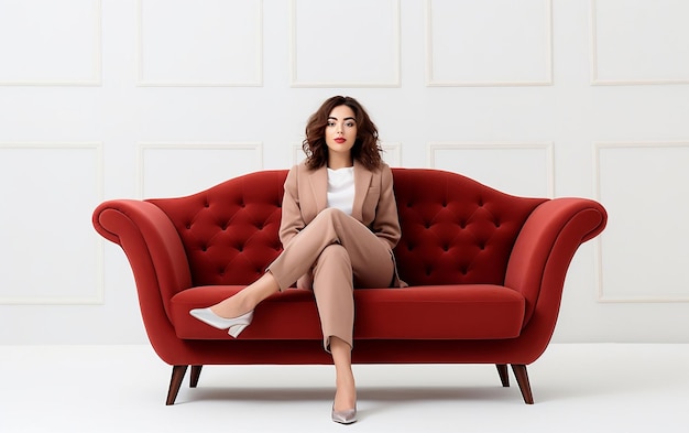 Woman Sitting on Red Couch