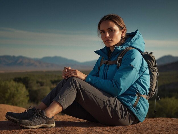 Photo a woman sitting on a rock with a mountain in the background