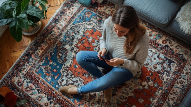 Photo woman sitting on rug using smartphone