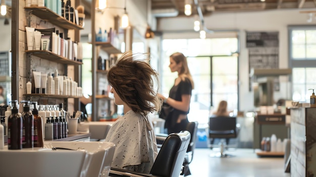 A woman sitting in a salon chair while a stylist looks over her hair