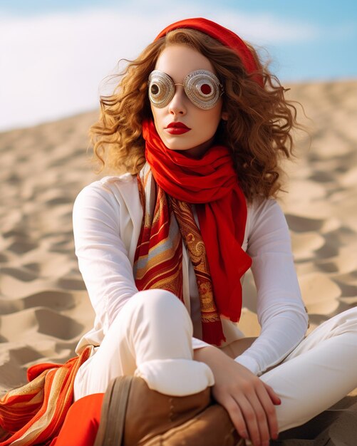 Photo woman sitting on the sand wearing a red dress