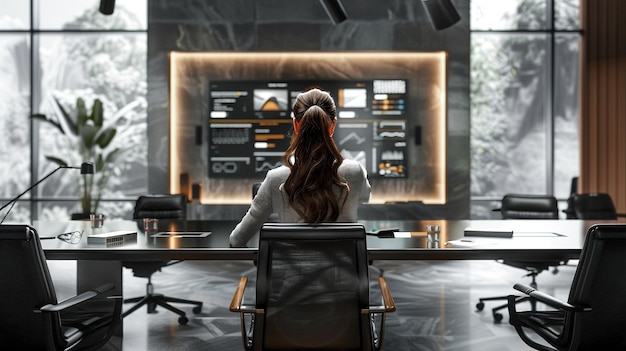 Photo a woman sitting at a sleek conference table surrounded by technology and modern furnishings