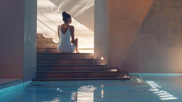 woman sitting on the stairs of a luxury five stars spa resort swimming pool Generative AI