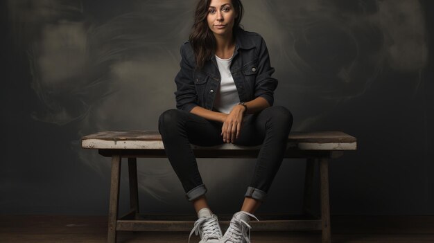 a woman sitting on a stool and wearing black converse