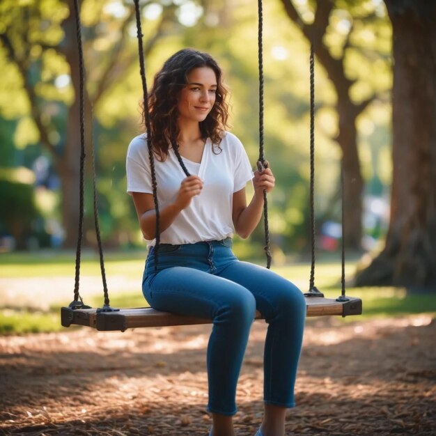 Photo a woman sitting on a swing using a