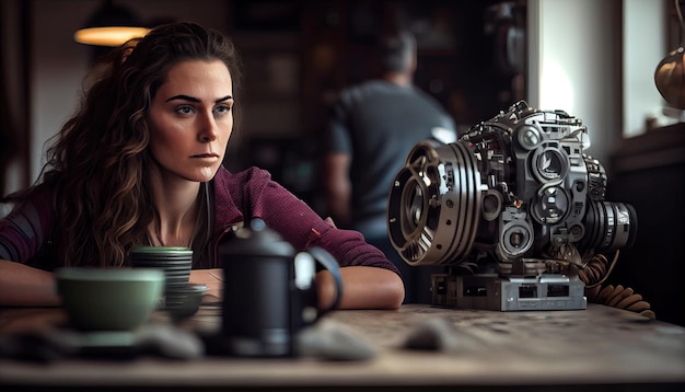 A woman sitting at a table next to a camera