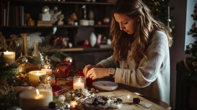 Woman Sitting at Table in Front of Christmas Tree