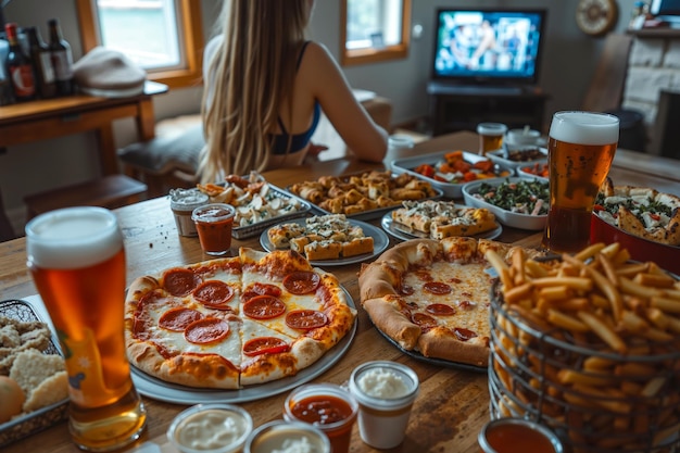 Photo a woman sitting at a table full of food and drinks