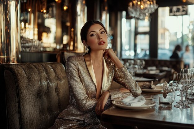 Photo a woman sitting at a table in a restaurant