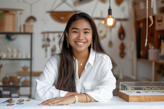 Photo woman sitting at table in shop