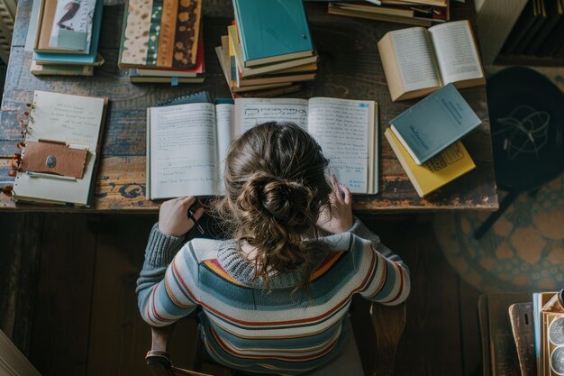 Photo a woman sitting at a table surrounded by books and a clock engaged in studying or reading a student sitting at a desk surrounded by books and notebooks