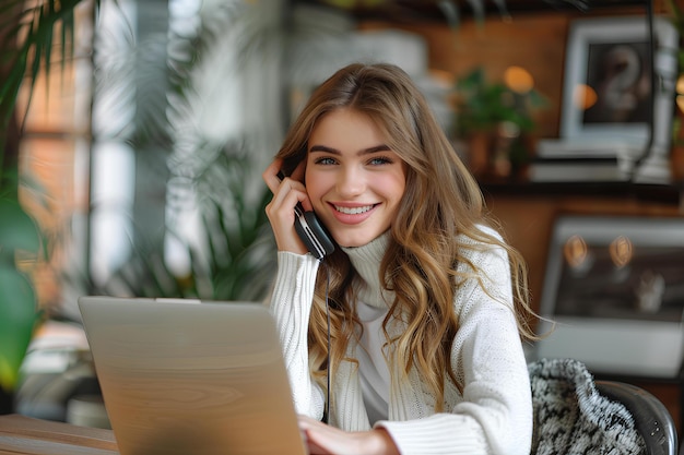 A woman sitting at a table talking on a cell phone