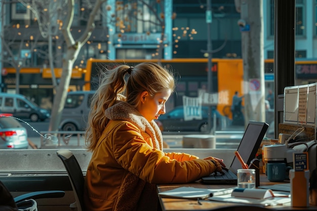 A woman sitting at a table using a laptop computer