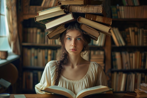 Woman sitting at a table with a book on her head Suitable for educational and relaxation concepts