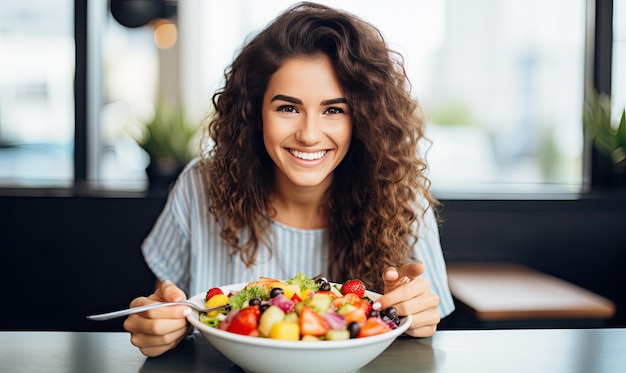 A woman sitting at a table with a bowl of fruit