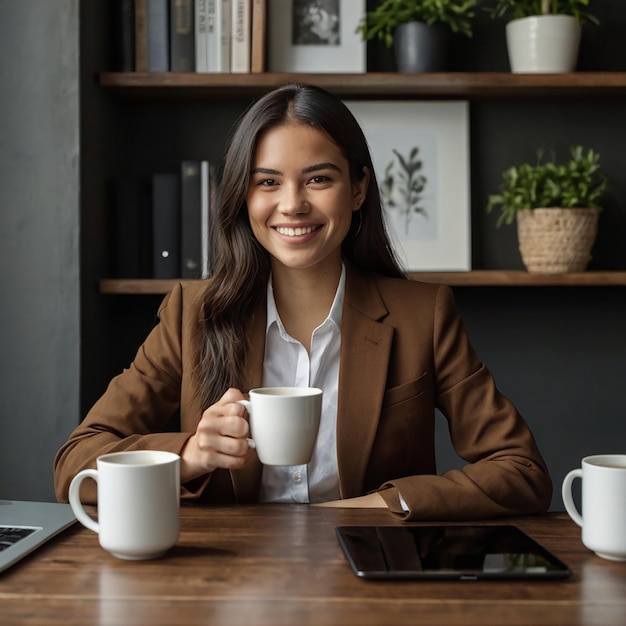 a woman sitting at a table with a coffee mug in front of her