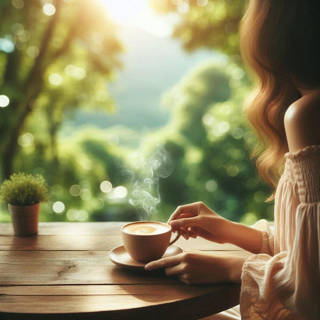 a woman sitting at a table with a cup of coffee and a plant