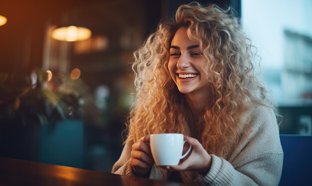 A woman sitting at a table with a cup of coffee