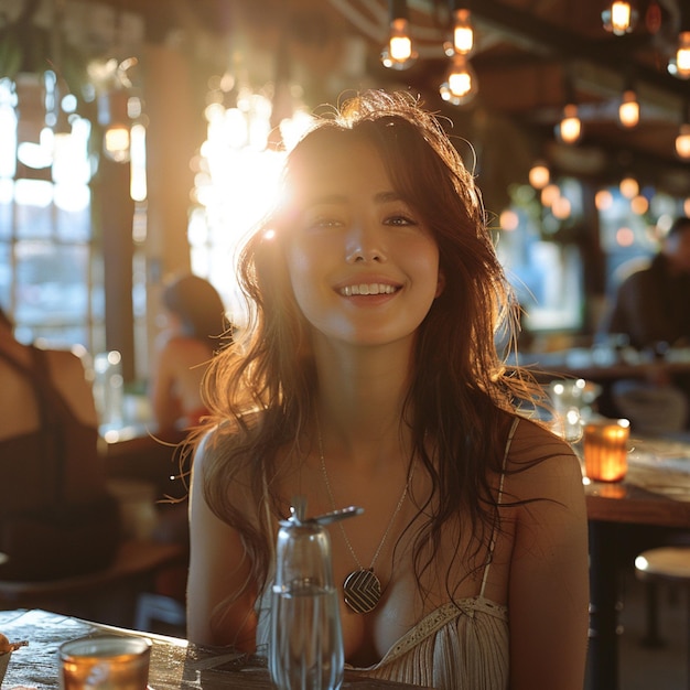 a woman sitting at a table with a drink and a glass of water