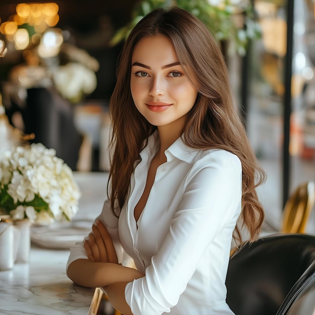 A woman sitting at a table with her arms crossed