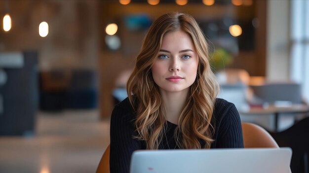 A woman sitting at a table with her laptop