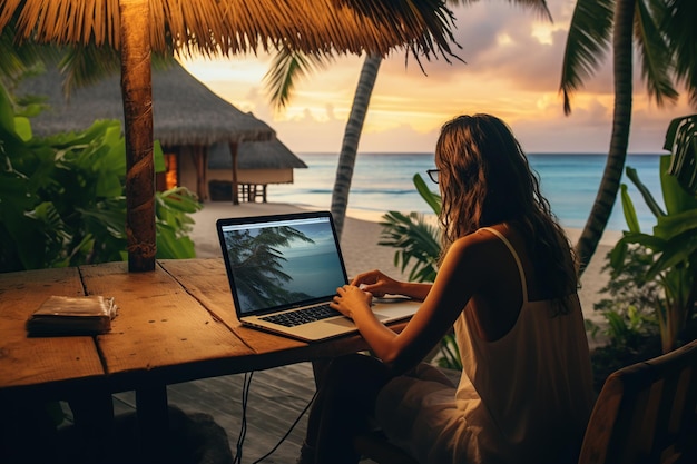 a woman sitting at a table with a laptop and a beach