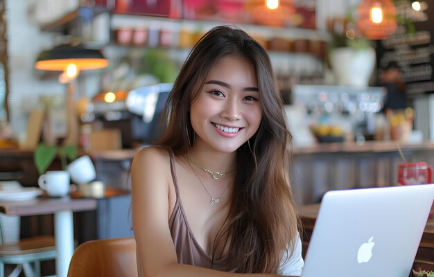 A woman sitting at a table with a laptop computer in front of her smiling at the camera a stock