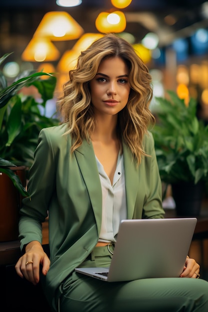 Woman sitting at table with laptop computer in her lap Generative AI