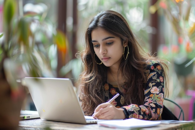 Woman sitting at table with laptop and pen