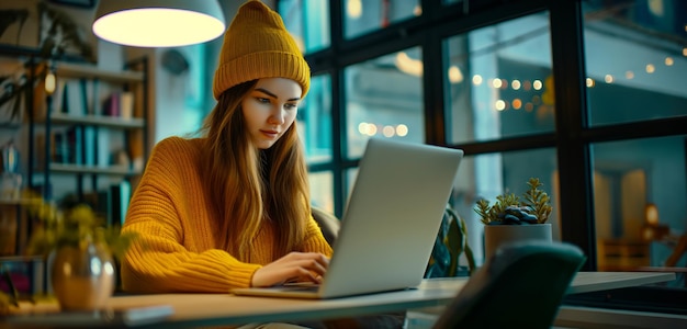 Woman sitting at table with laptop