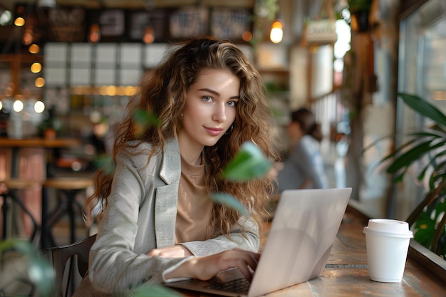 A woman sitting at a table with a laptop