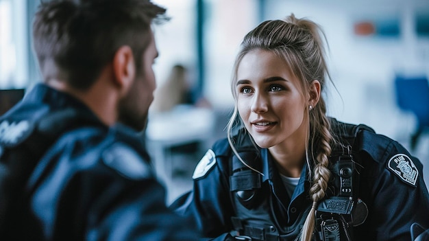 Woman sitting at a table with a man in a police uniform