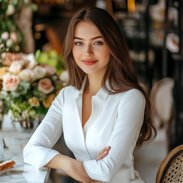 A woman sitting at a table with a plate of food in front of her