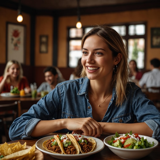 a woman sitting at a table with plates of food and a salad