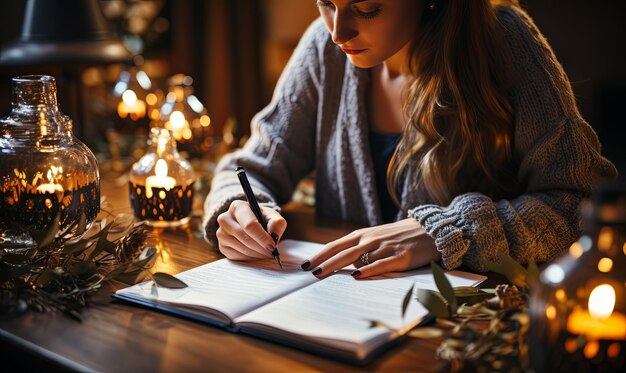 Photo woman sitting at table writing in book