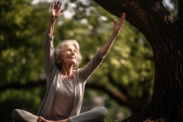 A woman sitting under a tree with her hands up Generative Ai