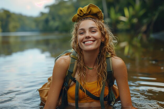 Woman Sitting in Water With Backpack