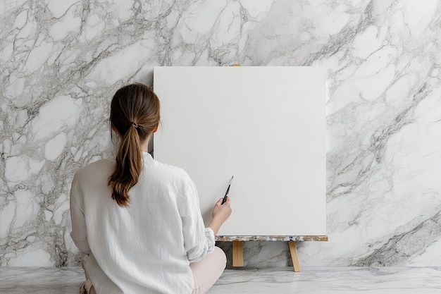 Photo woman sitting with canvas and brush on marble background